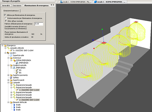 Figura 2. Questo ambiente virtuale creato con Dialux rappresenta un corridoio con le luci di emergenza. Le griglie gialle rappresentano i solidi fotometrici.